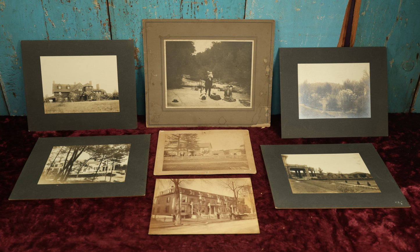 Lot 096 - Grouping Of Seven Boarded Photos Of Outdoor Scenes And Buildings, Homes, Including Family At River, Gardens, Mansion, And More