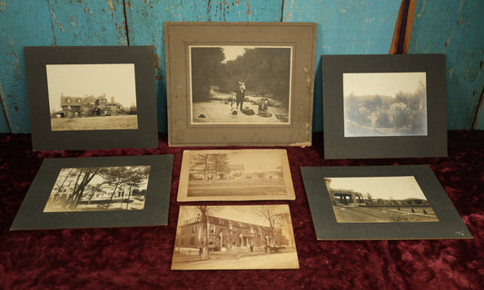 Lot 096 - Grouping Of Seven Boarded Photos Of Outdoor Scenes And Buildings, Homes, Including Family At River, Gardens, Mansion, And More