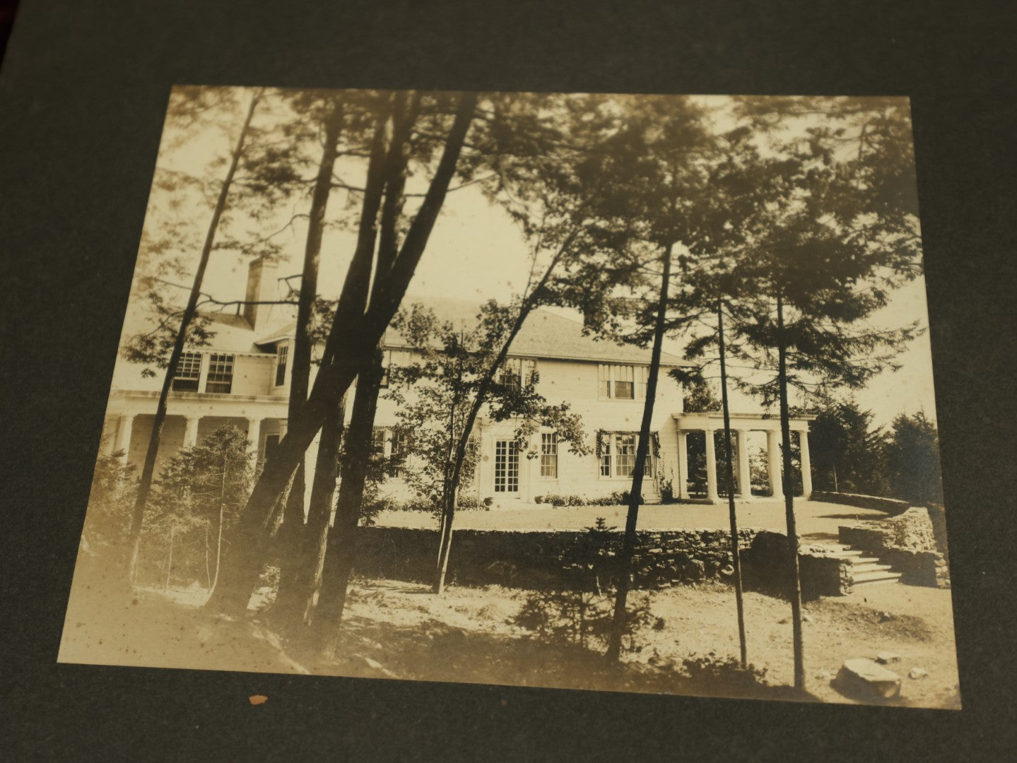 Lot 096 - Grouping Of Seven Boarded Photos Of Outdoor Scenes And Buildings, Homes, Including Family At River, Gardens, Mansion, And More