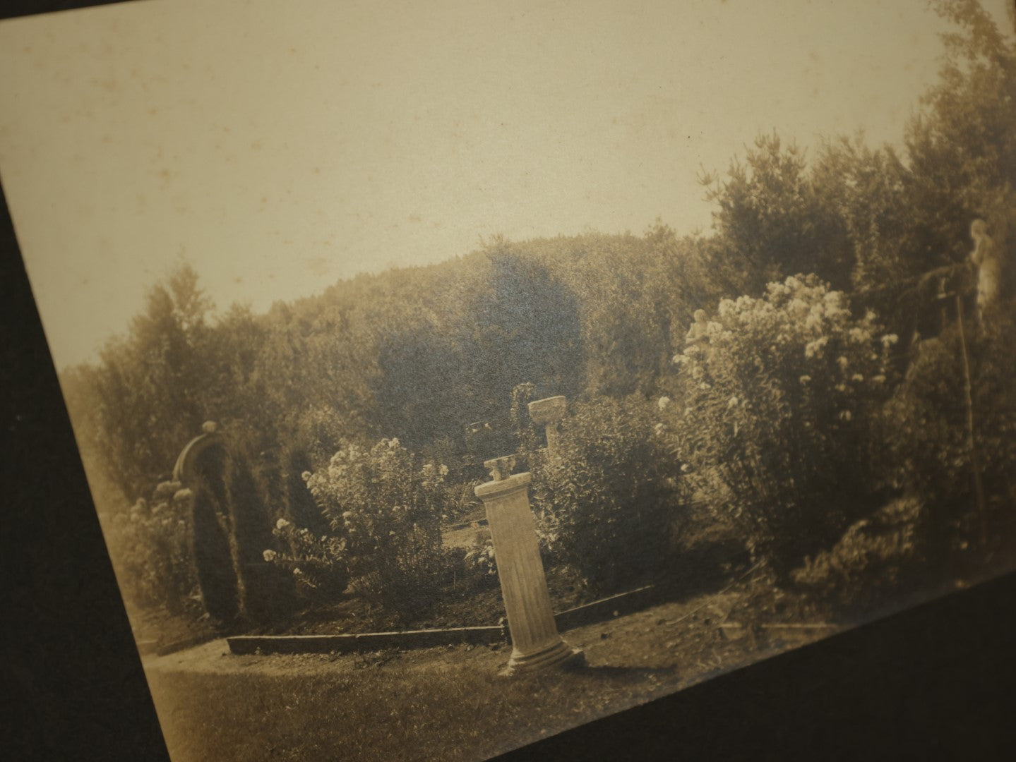 Lot 096 - Grouping Of Seven Boarded Photos Of Outdoor Scenes And Buildings, Homes, Including Family At River, Gardens, Mansion, And More