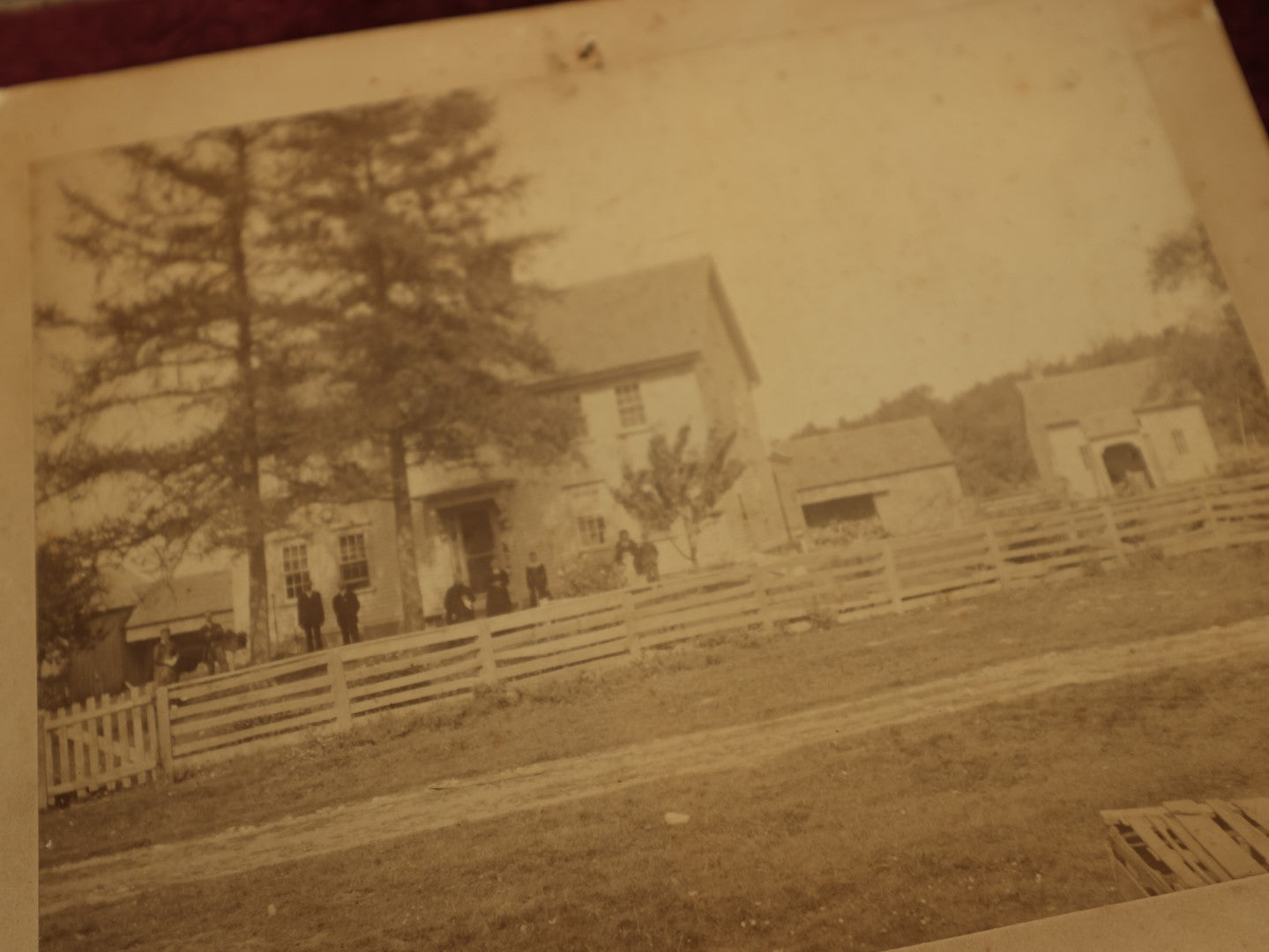 Lot 096 - Grouping Of Seven Boarded Photos Of Outdoor Scenes And Buildings, Homes, Including Family At River, Gardens, Mansion, And More
