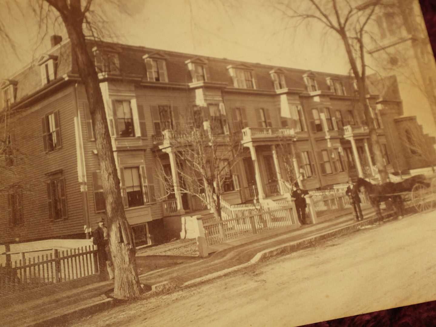 Lot 096 - Grouping Of Seven Boarded Photos Of Outdoor Scenes And Buildings, Homes, Including Family At River, Gardens, Mansion, And More