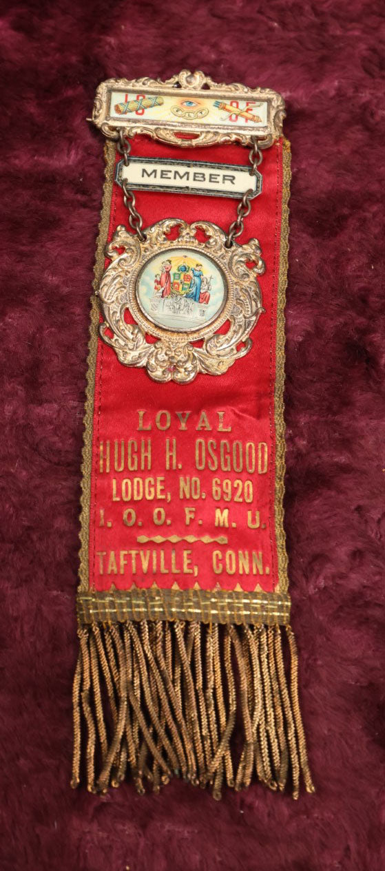 Lot 084 - Antique Odd Fellows Ribbon And Badge, Loyal Hugh H. Osgood L ...