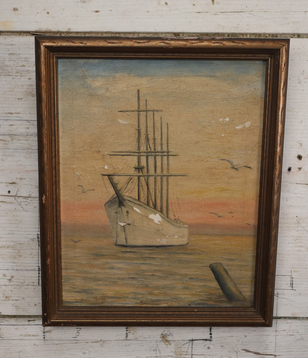 Lot 030 - Antique Oil On Canvas Painting Of A Tall Ship With Colorful Sunset Sky, Seagulls, Note Losses To Paint