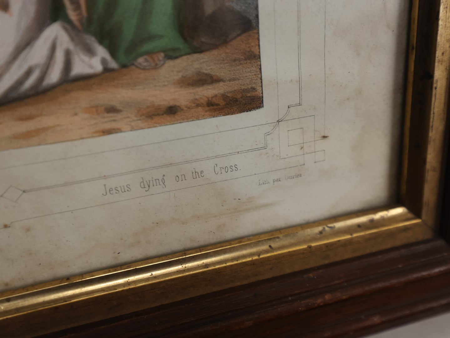 Lot 035 - Antique Hand Colored Lithograph Depicting The 12th Station Of The Cross, "Jesus Dies On The Cross," In Original Frame, French Print