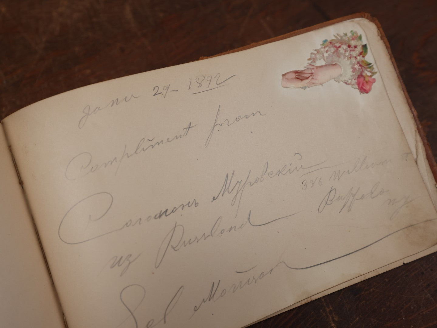 Lot 138 - Antique Victorian Autograph Album, Light Brown Leather Cover With Embossed Flowers, Contains Doodles, Circa 1880s