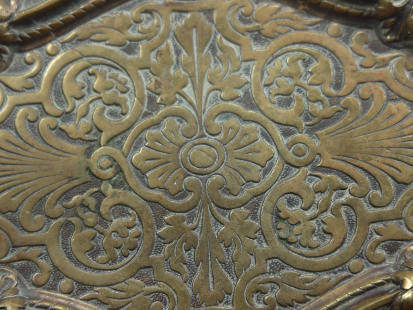 Lot 008 - Antique Ornate Cast Metal Tray With Handles And Green Man Faces On Corners