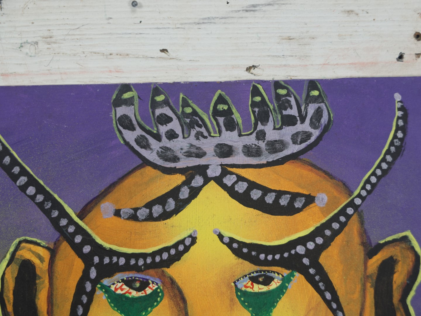 Lot 043 - Vintage Painting On Masonite Of A Strange Goddess Like Woman In Purple Dress, Crown, Signed S. Walshman, 1980