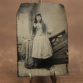 Lot 103 - Antique Tintype Photo Of Young Woman With Very Long Hair, Long Light Colored Dress, Unique Studio Set Pieces