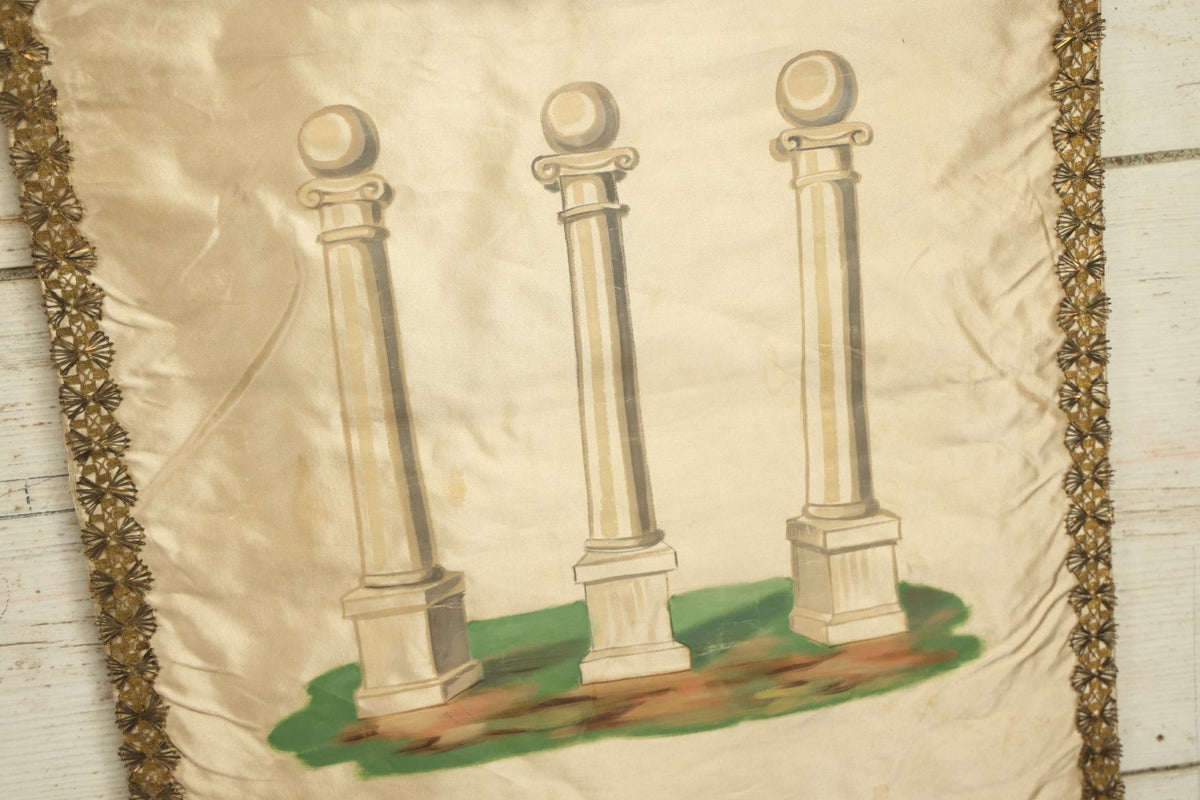 Lot 010 - Antique Independent Order Of Odd Fellows I.O.O.F. Hand Painted Encampment Banner - Three Pillars Of Knowledge On White Background - 18" x 23"