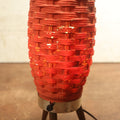 Lot 051 - Vintage Mid-Century Modern Beehive Faux Basket Weave Accent Lamp, Blow Mold Plastic, Blue Teal Painted Over With Orange Paint, Opaque, With Three Footed Wooden Base, 13-1/2" Tall