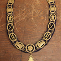 Lot 054 - Antique Odd Fellows I.O.O.F. Purple Chain Collar With Many Symbols Including Three Links And Heart In Hand, With Crossed Keys Medallion, By Harding Uniform & Regalia Company, Boston