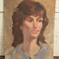 Lot 070 - Vintage Impressionist Portrait Painting On Board Of Brunette Woman With Dark Eyes, Blue Grey Shirt, 12" x 16"