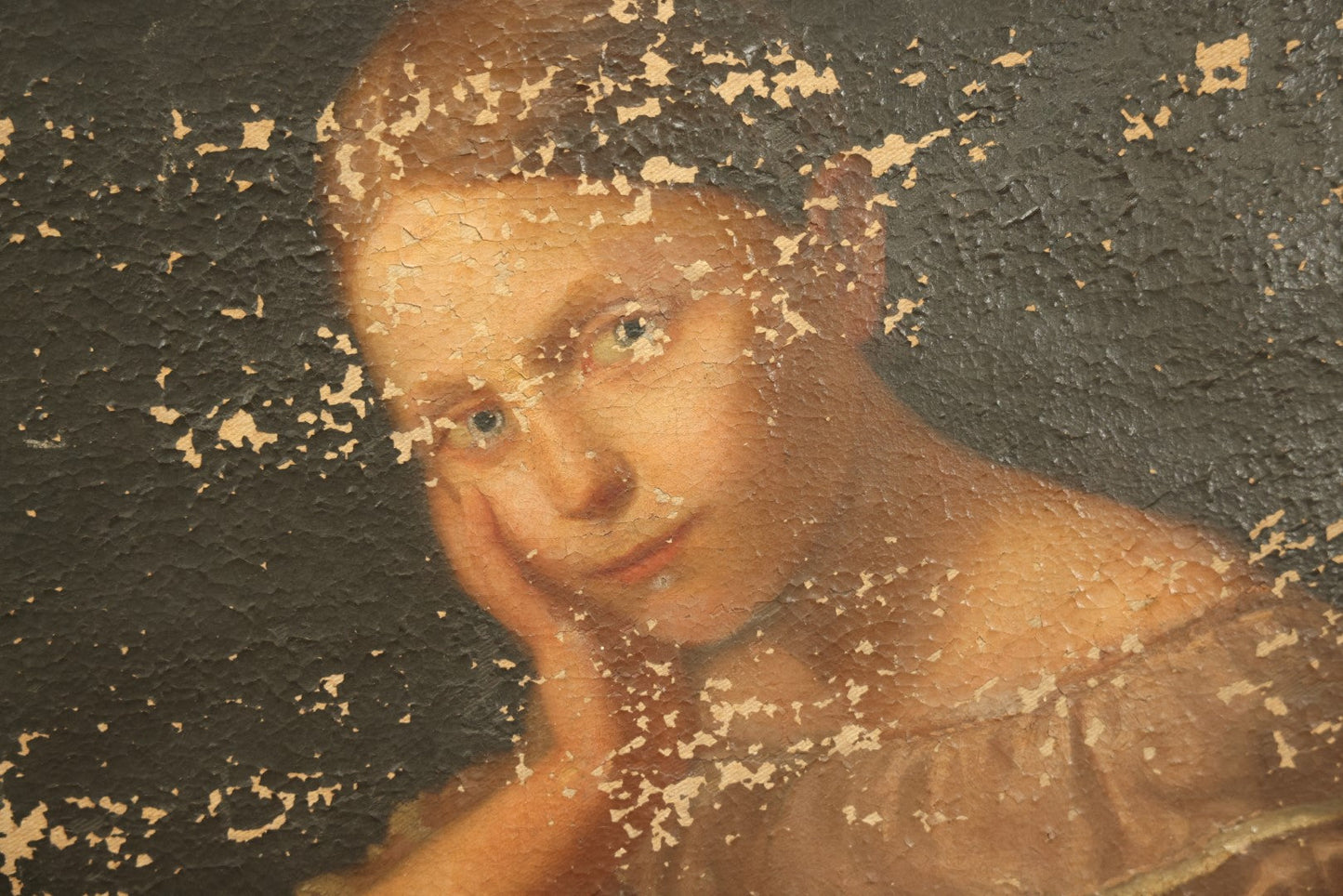 Lot 004 - 19th Century Oil On Canvas Painting Of A Pensive Young Girl Looking Up From A Book, Note Heavy Wear, Active Losses, Other Damage, See Photos, 19" x 22-1/2"