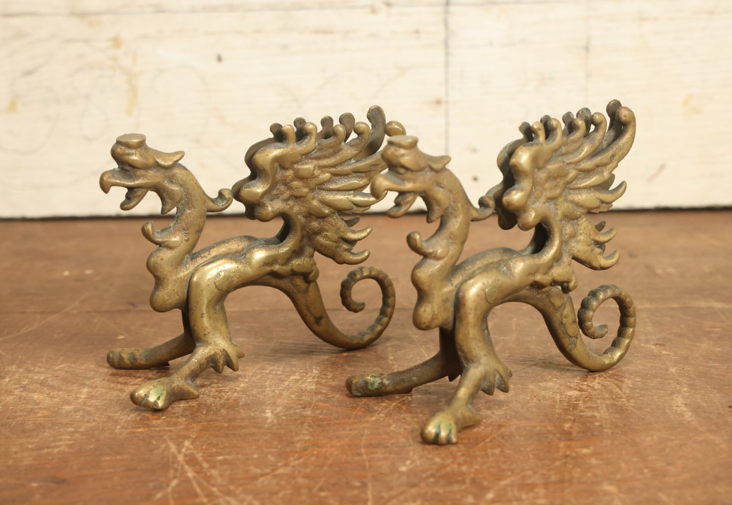 Lot 017 - Pair Of Antique Cast Brass Griffin Ornaments, Likely Were Once Candle Holders