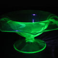 Lot 068 - Vintage Green Uranium Vaseline Glass Footed Compote Bowl Dish With Etched Design, Various Minor Chipping