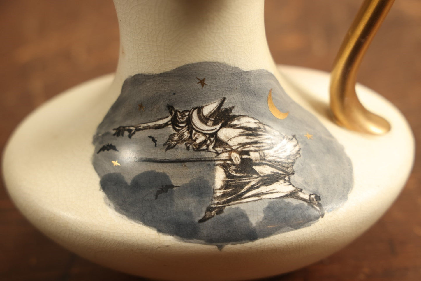 Lot 001 - Antique Salem 1692 Witch Painted Pottery Pitcher, Hampshire Pottery For Daniel Low & Co., Salem, Circa 1895
