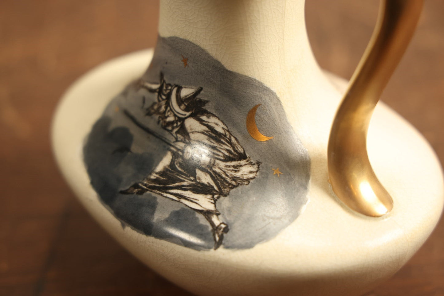 Lot 001 - Antique Salem 1692 Witch Painted Pottery Pitcher, Hampshire Pottery For Daniel Low & Co., Salem, Circa 1895