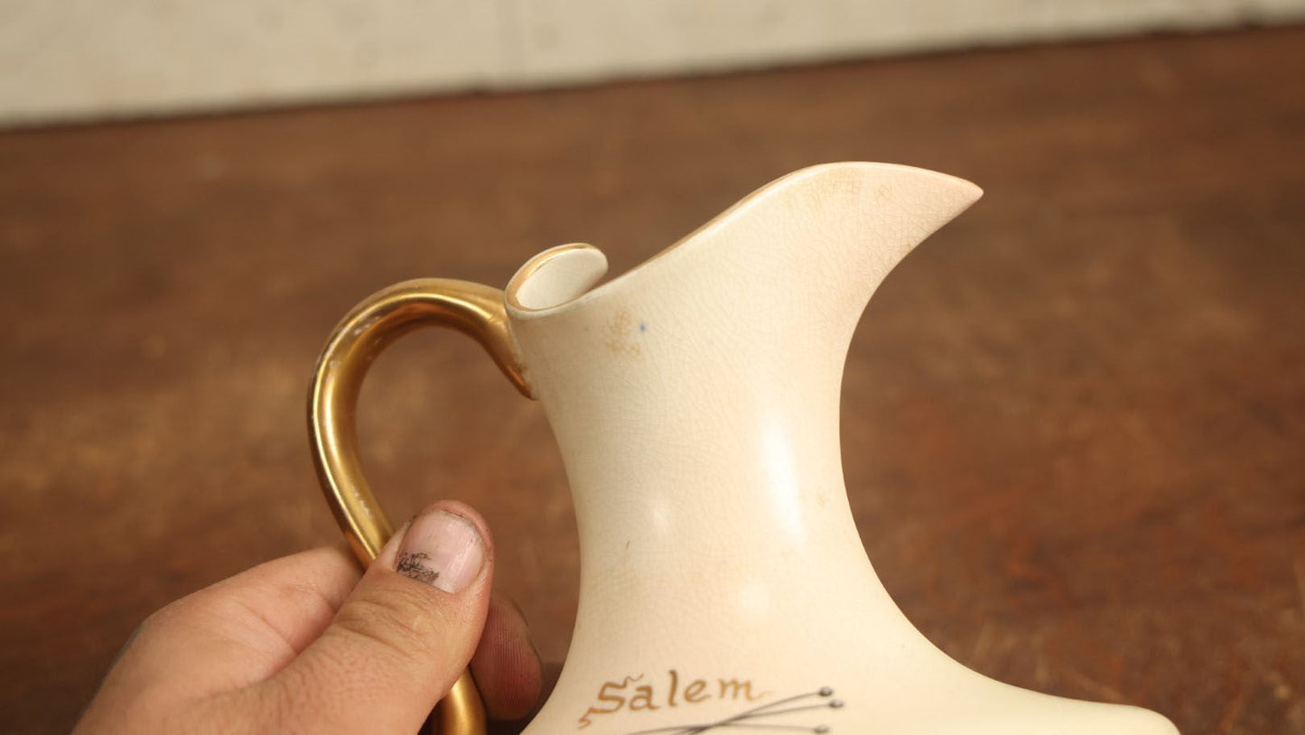 Lot 001 - Antique Salem 1692 Witch Painted Pottery Pitcher, Hampshire Pottery For Daniel Low & Co., Salem, Circa 1895