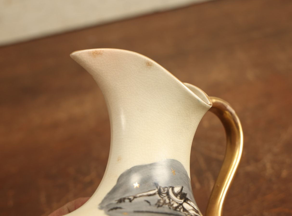 Lot 001 - Antique Salem 1692 Witch Painted Pottery Pitcher, Hampshire Pottery For Daniel Low & Co., Salem, Circa 1895