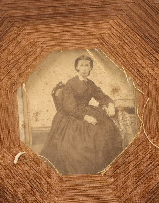 Lot 022 - Antique String Folk Art Frame With C.D.V. Photograph Of A Young Woman Seated In A Chair, Note Some String Unwound