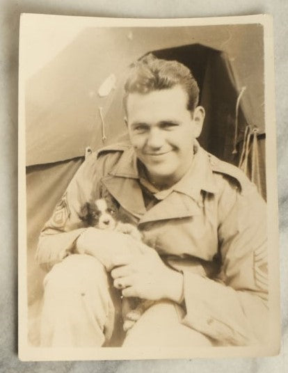 Lot 058 - Single Antique Snapshot Photograph Of Army Soldier With Small Puppy, Circa World War 2