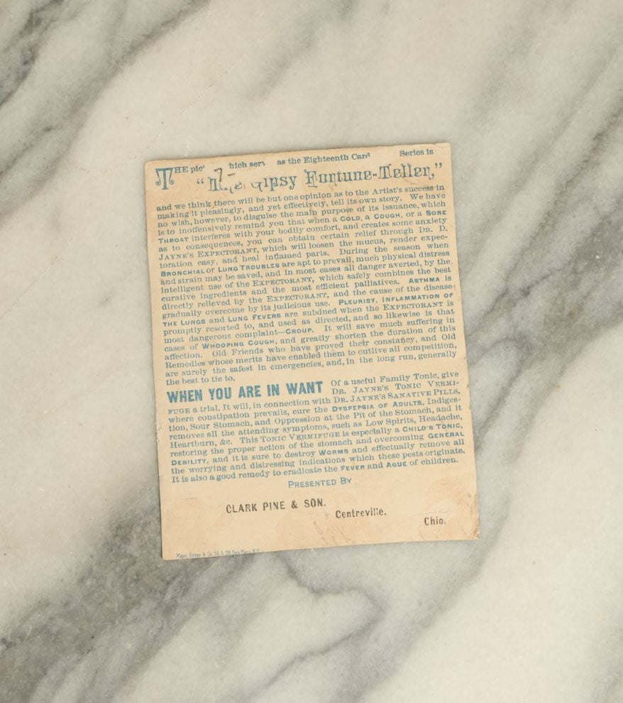 Lot 061 - Single Antique Trade Card, The Gypsy Fortune Teller, Advertisement For Dr. Jayne's Tonic Vermifuge