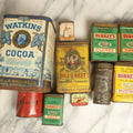 Lot 091 - Grouping Of Ten Vintage And Antique Advertising Tins, Kitchen Spices And More, Cocoa, Cloves, Turmeric, Various Brands