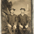 Lot 101 - Single Antique Tintype Photograph, Two Men In Hats, With Backdrop With Tower