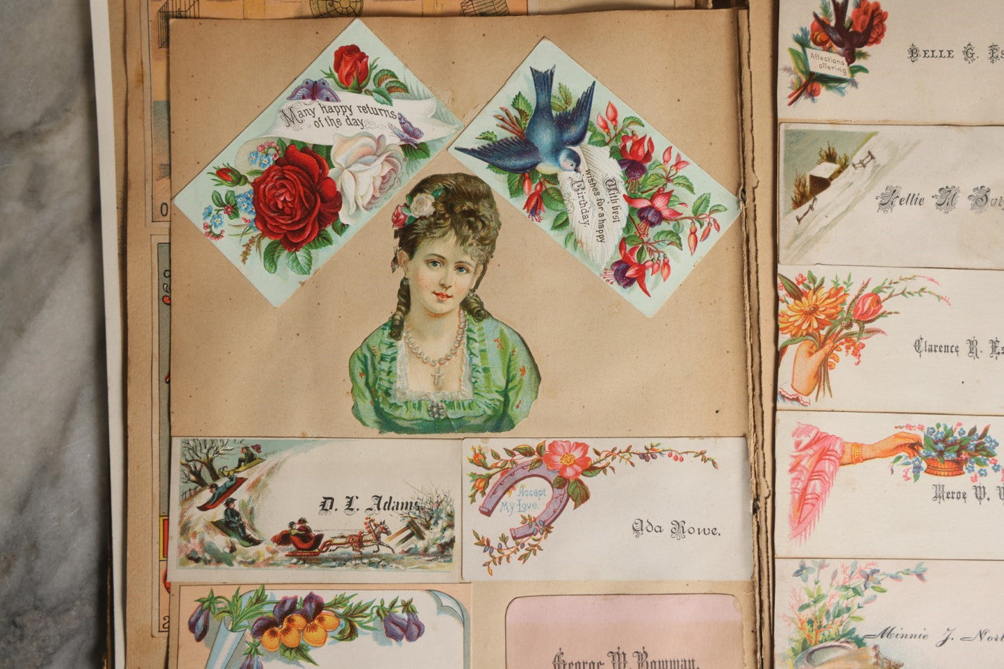 Lot 028 - Antique Victorian Trade Card Scrapbook Album With Woman In Red On Cover, Containing Many Scraps Including Rat Poison, Calling Card, Frogs, And More.