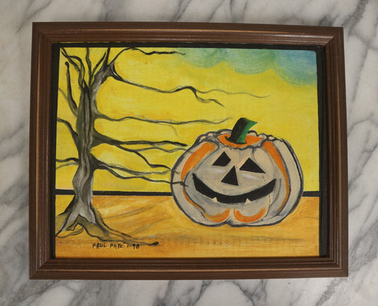 Lot 067 - Vintage Halloween Jack-O-Lantern Pumpkin Painting On Cardboard, With Dead Tree, Yellow Sky, Signed Paul Pate, 1998