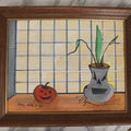 Lot 073 - Vintage Halloween Jack-O-Lantern Pumpkin Painting On Cardboard, With Pumpkin And Vase In Front Of Window, Signed Paul Pate, 1998