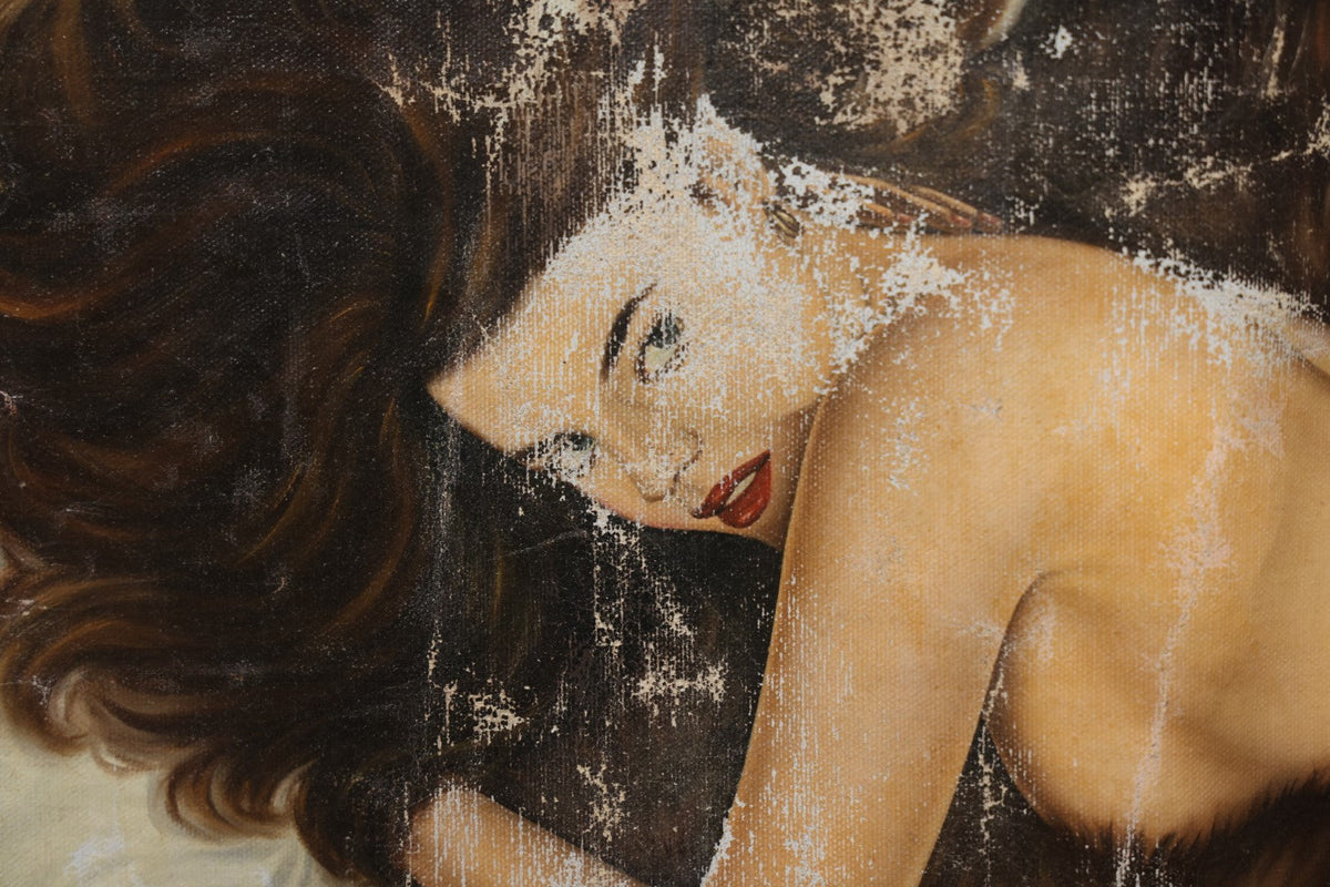 Lot 005 - Vintage Oil On Canvas Pin-Up Painting Of Fully Nude Woman Face Down On Bearskin Rug, Artist Signed J.G. Kostura, Circa 1964, No Stretcher, Approximately 29" x 24"