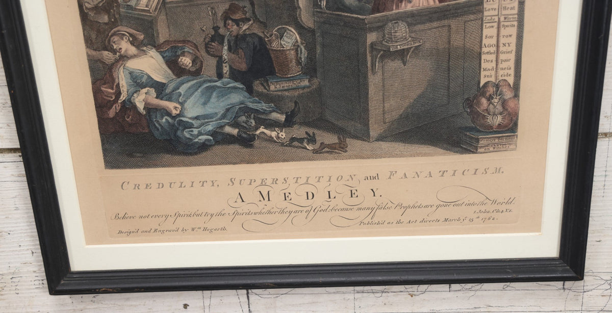 Lot 006 - Antique Hand Colored Engraving After William Hogarth (English, 1697-1764), Titled "Credulity, Superstition And Fanaticism" Featuring Witches, Devils, Spirits, Circa 19th Century