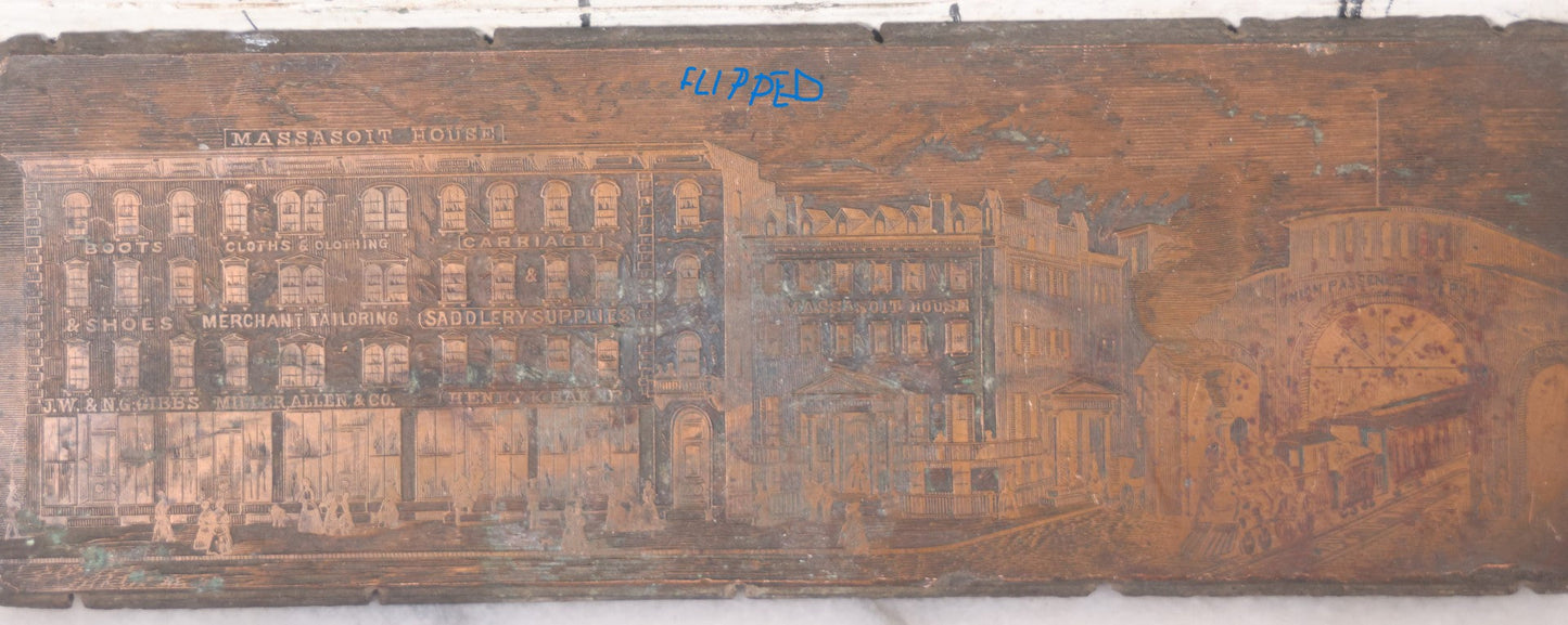 Lot 043 - Antique Springfield, Massachusetts, Massasoit House Hotel Advertising Engraved Copper Printing Plate, With Hartford And New Haven Railway Station
