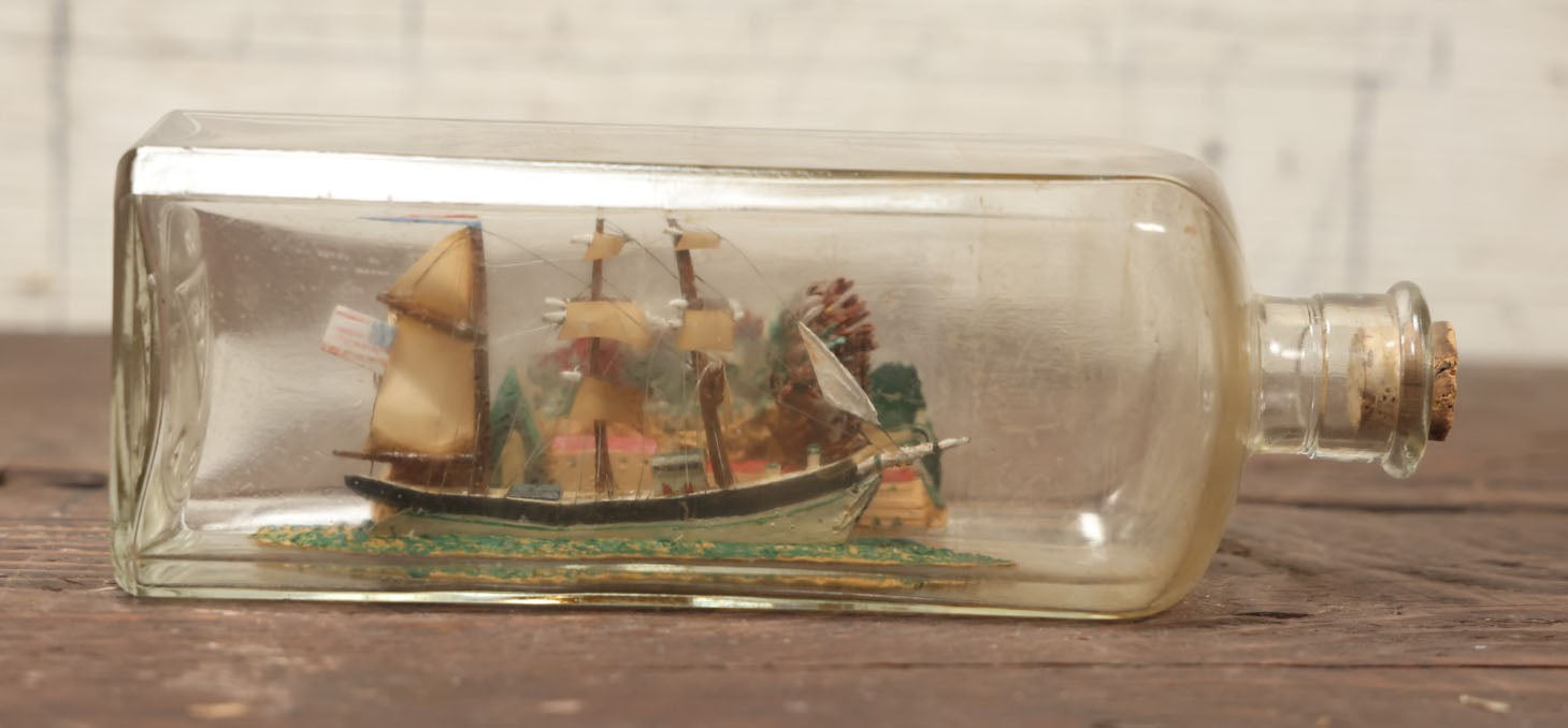 Lot 006 - Vintage Folk Art Ship In A Bottle, Handcrafted With Backdrop ...