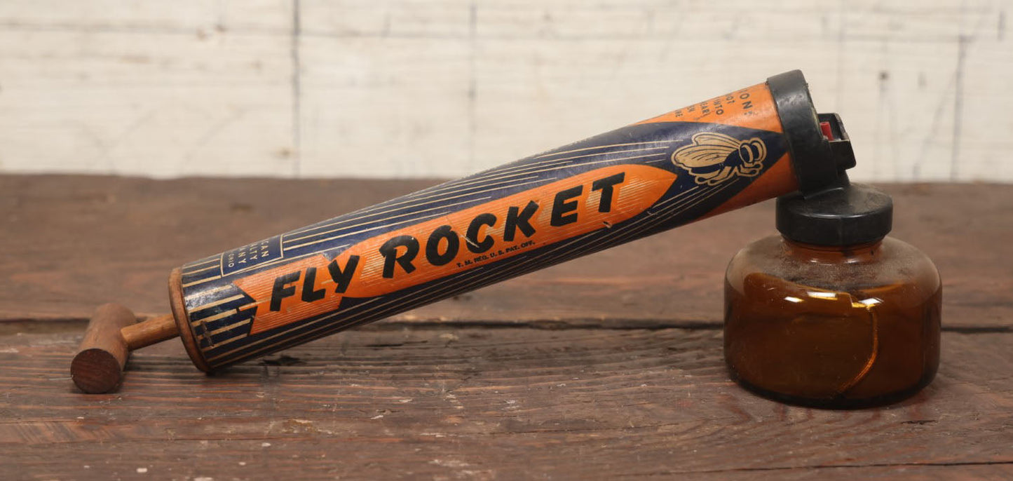 Lot 019 - Fly Rocket Vintage Wooden Bug Sprayer With Glass Font, Fly Graphics, American Specialty Company, Amherst, Ohio