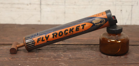 Lot 019 - Fly Rocket Vintage Wooden Bug Sprayer With Glass Font, Fly Graphics, American Specialty Company, Amherst, Ohio