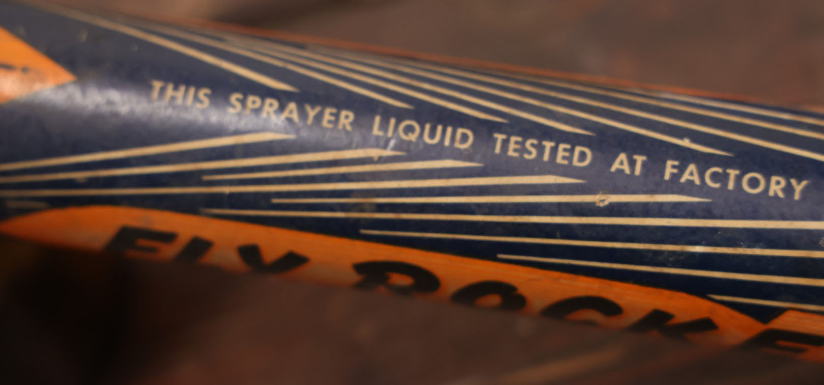 Lot 019 - Fly Rocket Vintage Wooden Bug Sprayer With Glass Font, Fly Graphics, American Specialty Company, Amherst, Ohio