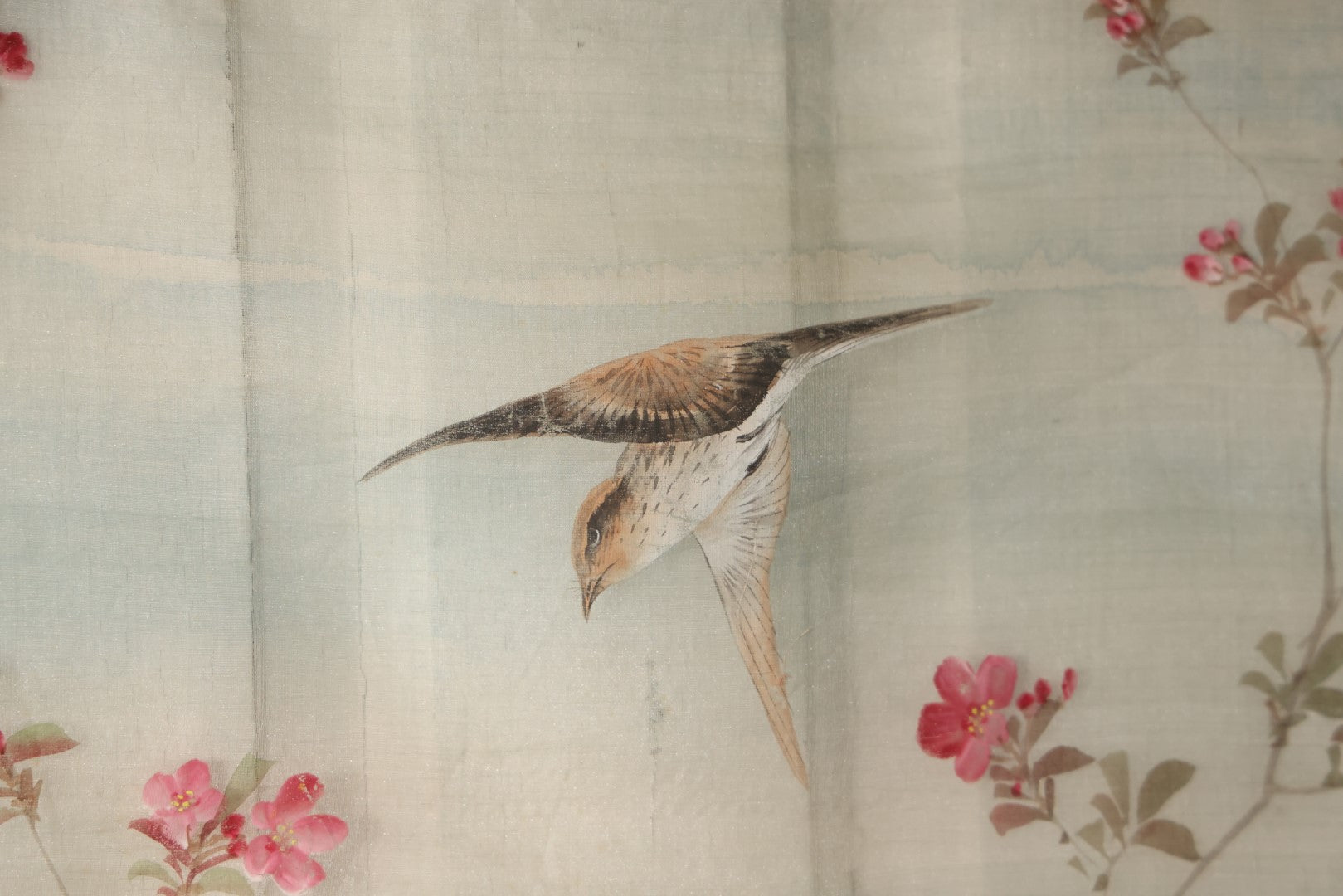 Lot 029 - Large Vintage East Asian Hand Painted Textile With Brown Swallow In Flight, Flowers, Foliage, 21" X 44"