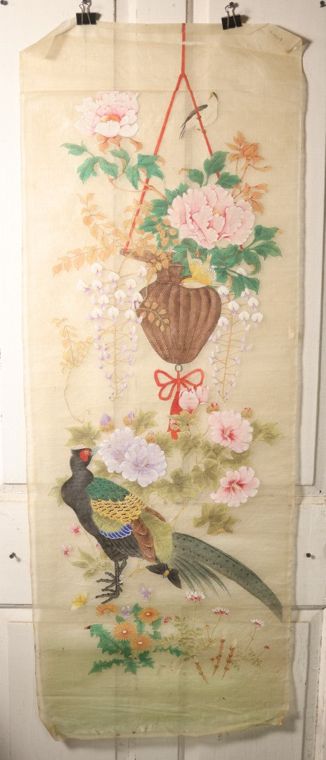 Lot 030 - Large Vintage East Asian Hand Painted Textile With Colorful Pheasant, Perched Bird, Flowers, Foliage, 19" X 50"