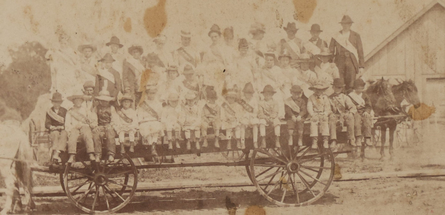 Lot 076 - Antique Cabinet Card Photograph Of A Group Of Men, Women, And Children In Sashes On A Horse Drawn Parade Float, Back Mark With "Caledonia" Written