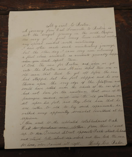 Lot 095 - Antique Ephemera Piece, "My Visit To Boston," Short Story Of Near Train Accident By Luly Lee Baker, Late 19Th Century, Handwritten, East Somerville, Massachusetts