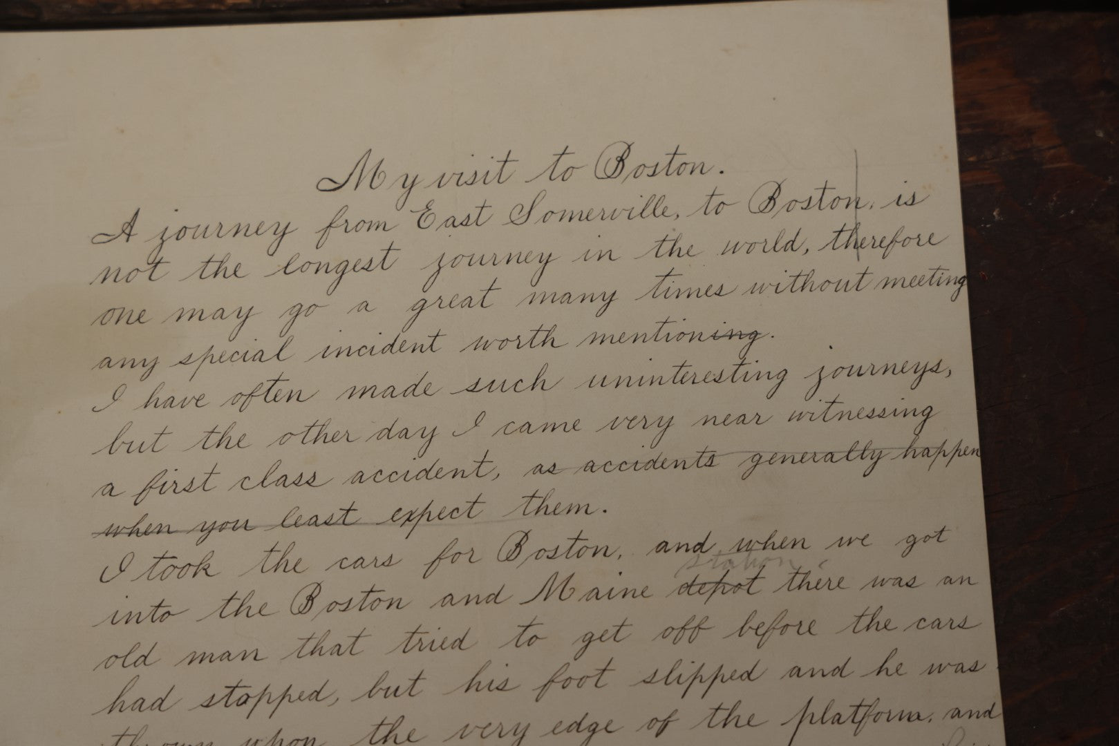Lot 095 - Antique Ephemera Piece, "My Visit To Boston," Short Story Of Near Train Accident By Luly Lee Baker, Late 19Th Century, Handwritten, East Somerville, Massachusetts