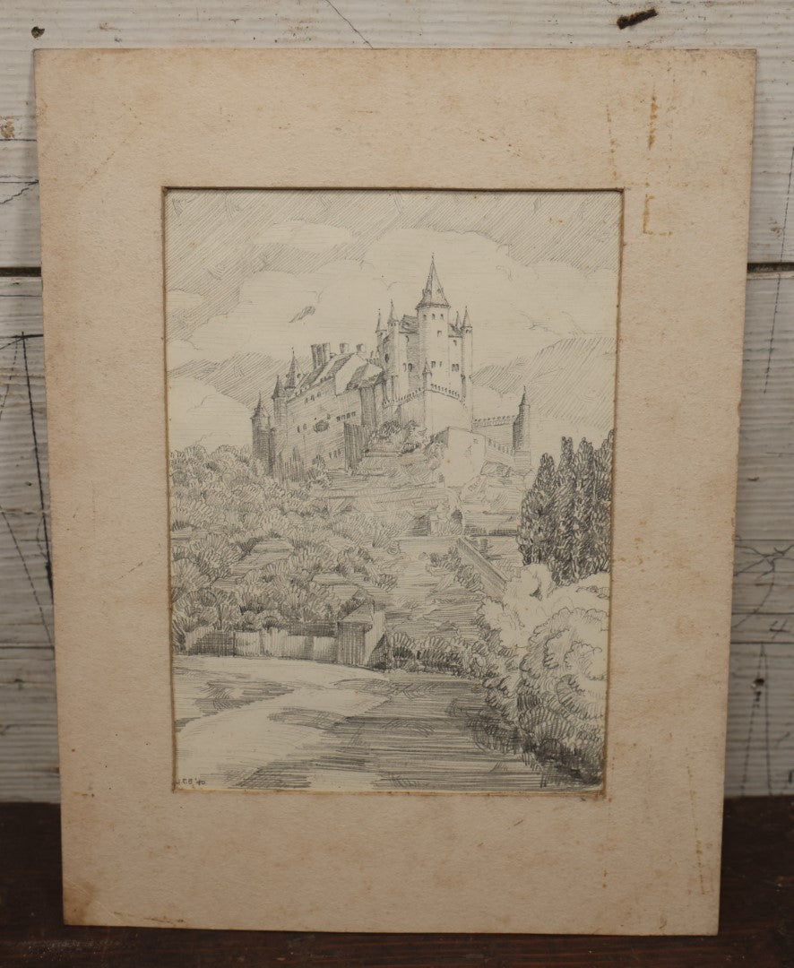 Lot 096 - Vintage Original Pencil Drawing Of Alcázar Of Segovia, Medieval Castle In Segovia Spain, After Henry Percy Huggill, Signed J.E.B. 1940, In Mat
