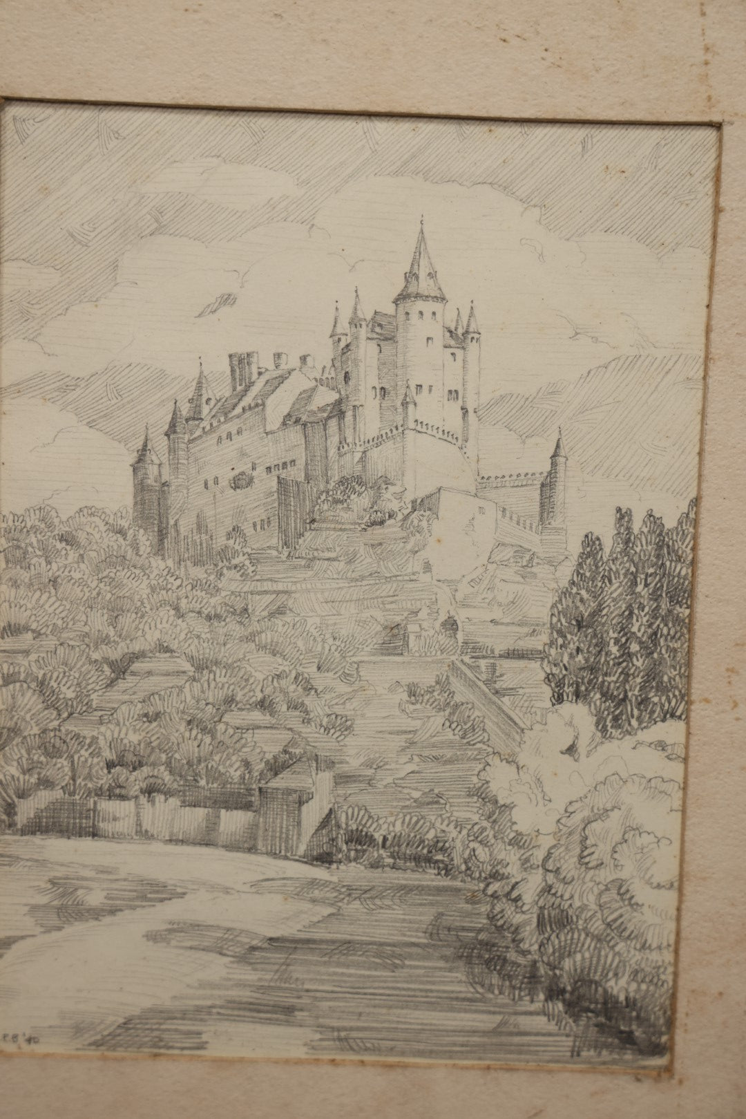 Lot 096 - Vintage Original Pencil Drawing Of Alcázar Of Segovia, Medieval Castle In Segovia Spain, After Henry Percy Huggill, Signed J.E.B. 1940, In Mat