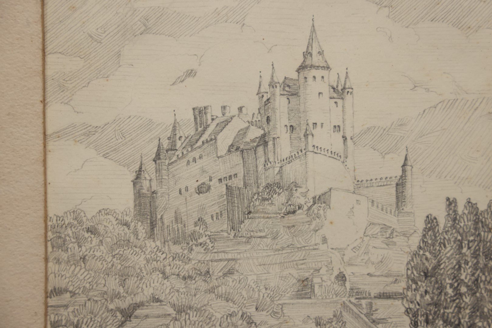Lot 096 - Vintage Original Pencil Drawing Of Alcázar Of Segovia, Medieval Castle In Segovia Spain, After Henry Percy Huggill, Signed J.E.B. 1940, In Mat