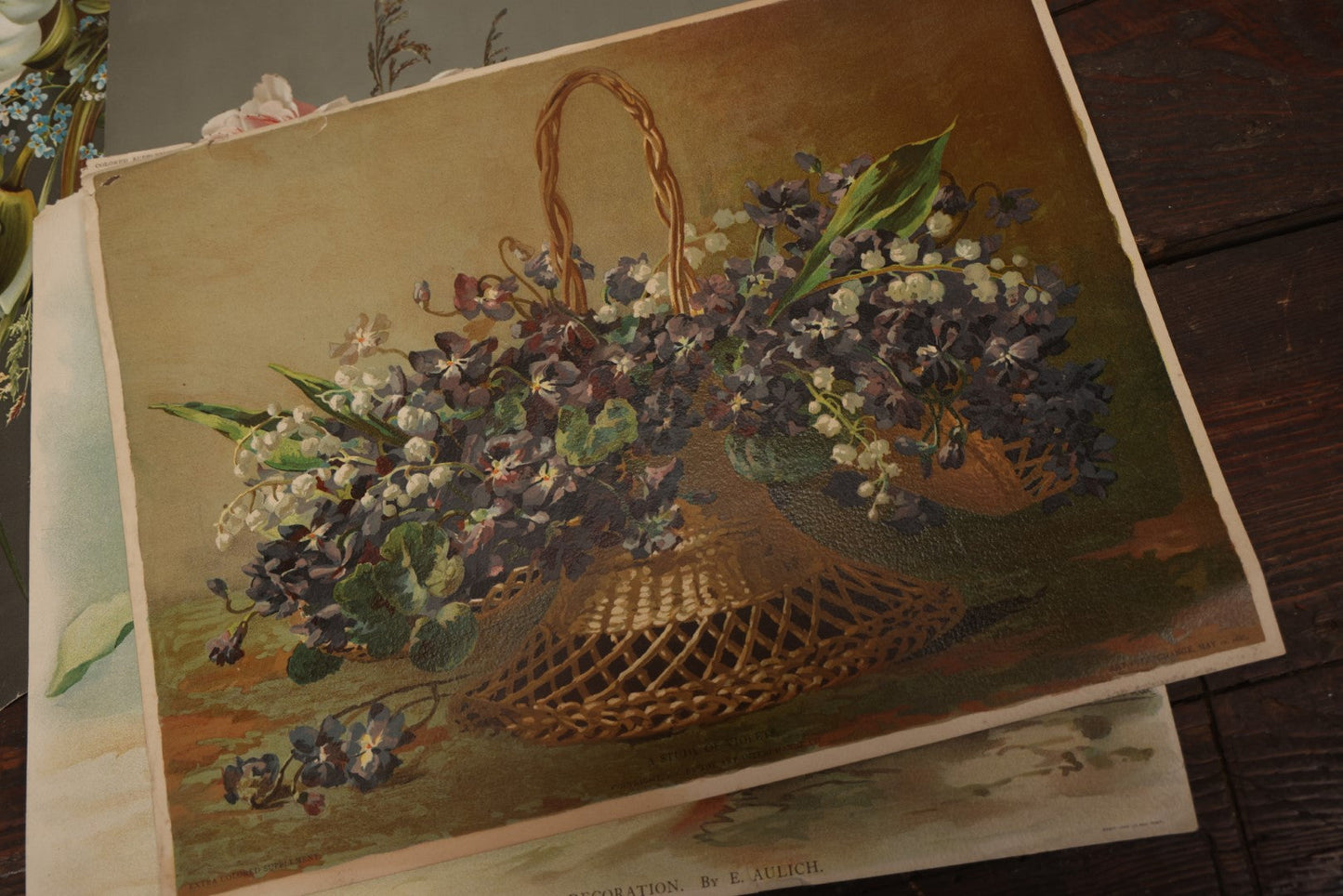 Lot 097 - Grouping Of Four Botanical And Floral Chromolithographs, Including One With Pinholes For Light Effect, Roses, Forget-Me-Nots, Violets, And More