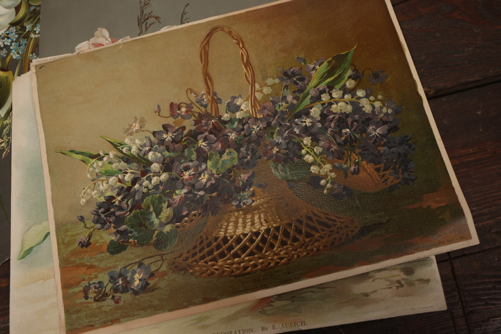 Lot 097 - Grouping Of Four Botanical And Floral Chromolithographs, Including One With Pinholes For Light Effect, Roses, Forget-Me-Nots, Violets, And More