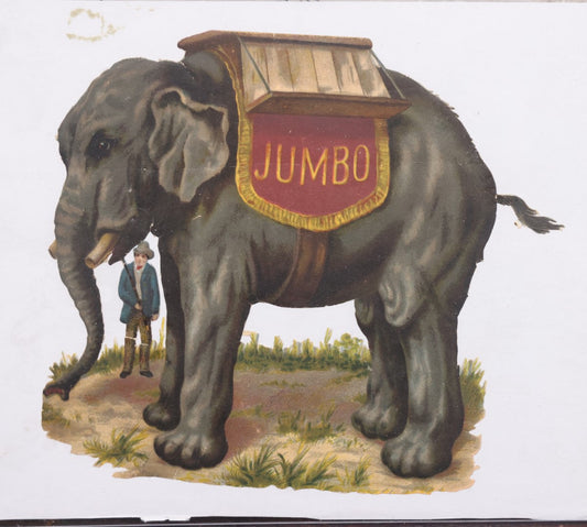 Lot 098 - Single Ephemera Scrap, Die Cut Circus Elephant "Jumbo" Mounted To Plain White Paper, Note Losses, Tail Detached